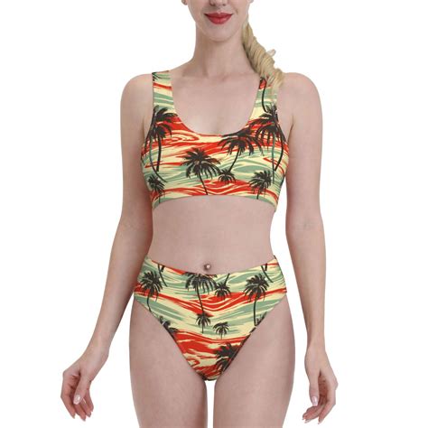 High Waisted Bikini Sets For Women River Coconut Tree Swimsuits Tummy