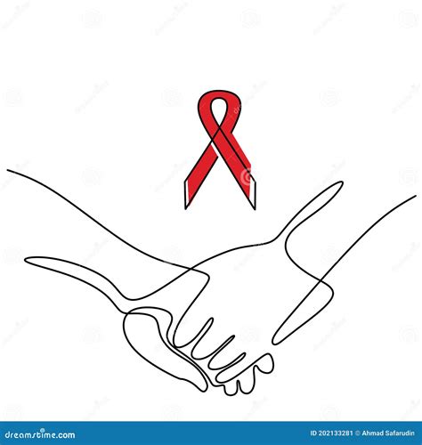 One Line Drawing Of Hand Holding Each Other To Prevent Aids With Red ...