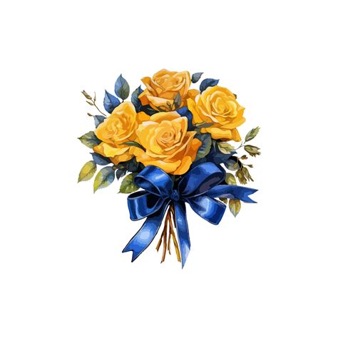 illustration watercolor yellow rose bouquet with blue ribbon romantic ...