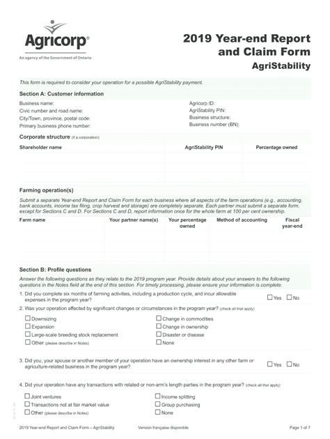 Fillable Online Agristability Year End Report And Claim Form Fax Email