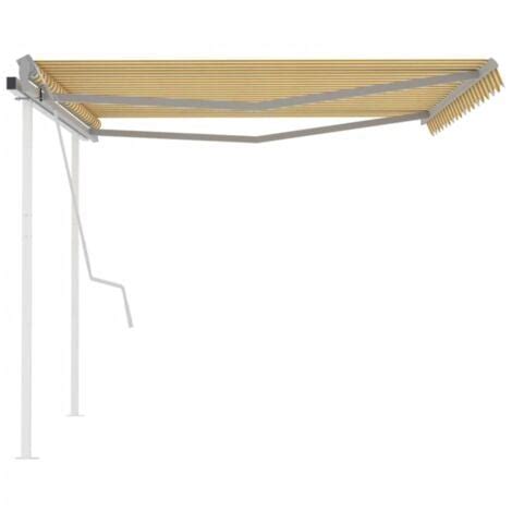 Toldo manual retráctil con postes amarillo y blanco 4x3 m