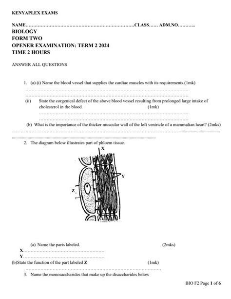 Form 2 Biology Term 2 Opener Exam 2024 2367