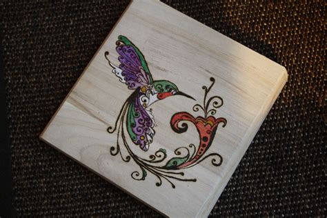 Wood Burning Hand Burned Humming Bird Pyrography Watercolor And