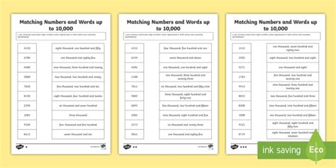 Matching Numbers And Words Up To 10 000 Worksheet