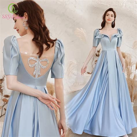 Ssyfashion Light Blue Satin Evening Dress Princess Puff Sleeve A Line