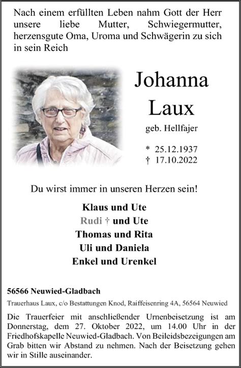 Traueranzeigen Von Johanna Laux Rz Trauer De