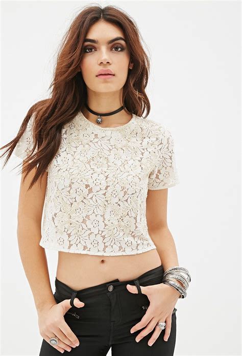 Beaded Lace Crop Top Forever 21 2000136118 Crop Tops Women