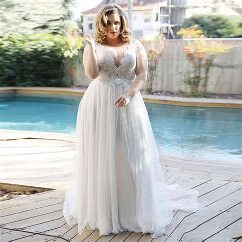 Elegant Beach Bridal Dress Plus Size V Neck With Lace Appliques Cap Sleeves And Tulle Skirt