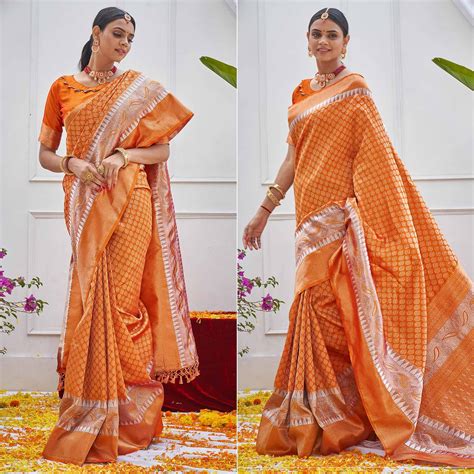 Orange Woven Art Silk Saree With Tassels