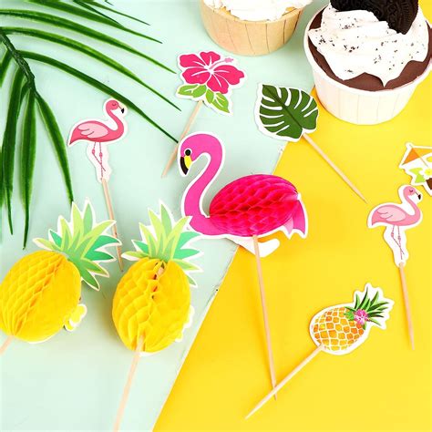 Buy 44 Pcs Tropical Hawaiian Cupcake Toppers Glittery Flamingo And Pineapple Palm Leaf Cupcakes