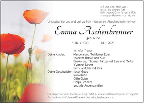 Traueranzeigen Von Emma Aschenbrenner Trauer Flz De