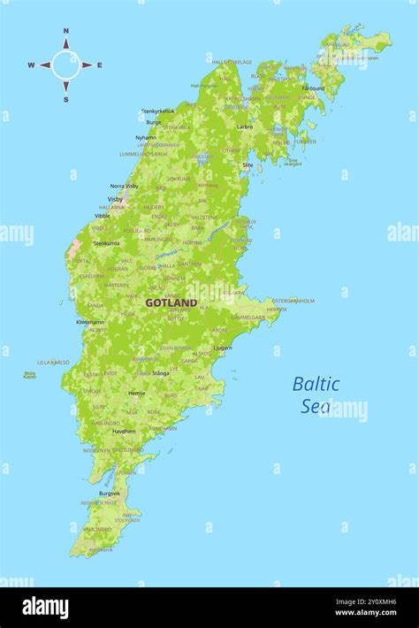 Gotland Island Sweden Detailed Political Physical Map Stock Vector