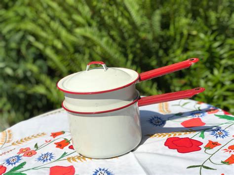 Vintage Red White Enamelware Pan, Enamel ware Double boiler, Enamel pan ...