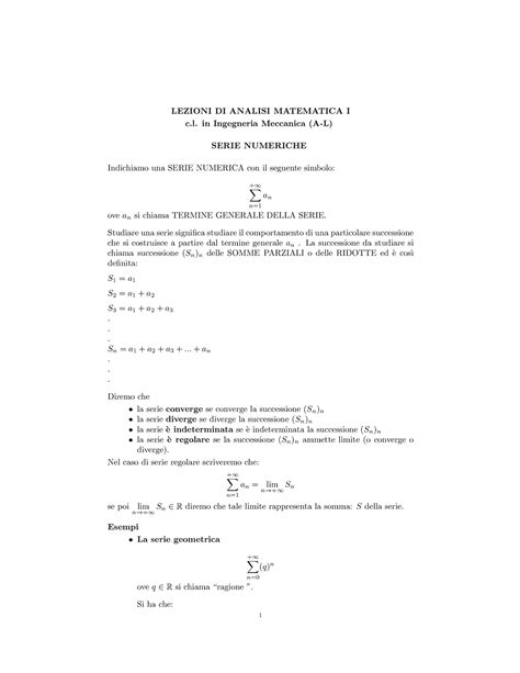 Lezioni An1 Serie Numeriche LEZIONI DI ANALISI MATEMATICA I C In