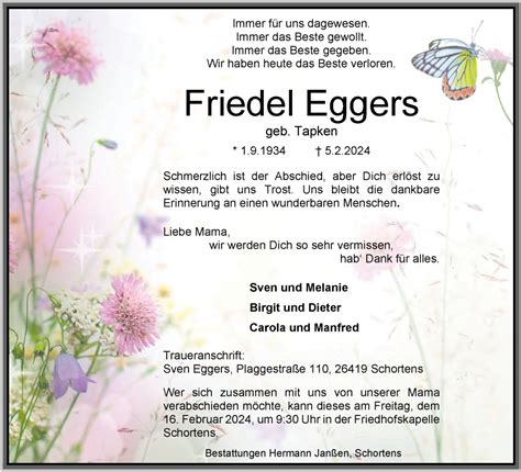 Traueranzeigen Von Friedel Eggers Nordwest Trauer De