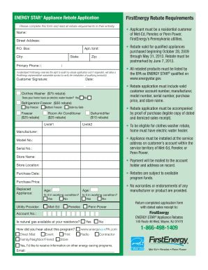 Fillable Online ENERGY STAR Appliance Rebate Application FirstEnergy