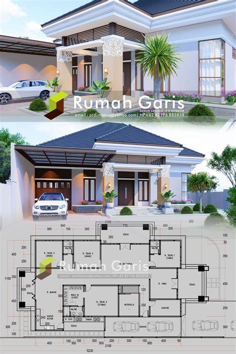 Model desain denah tampak rumah 4 kamar tidur modern minimalis 1 lantai