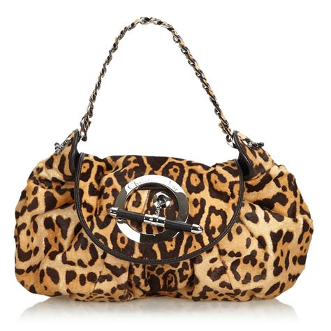 Dior Vintage Leopard Print Pony Hair Shoulder Bag Brown Beige