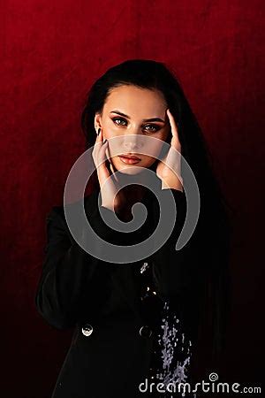 Beautiful Sensuality Elegance Lady Brunette Face Woman Has Brown Eyes Curly Gloss Hair Sexy