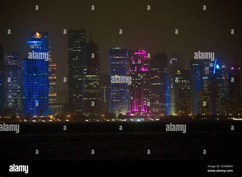 Doha skyline by night, Qatar Stock Photo - Alamy