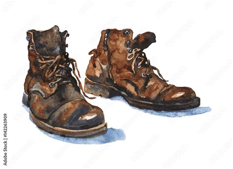 Watercolor old leather shoes. Hand drawn traveler boots on white background. Painting vintage ...