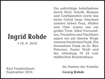 Traueranzeigen Von Ingrid Rohde Trauer Anzeigen De