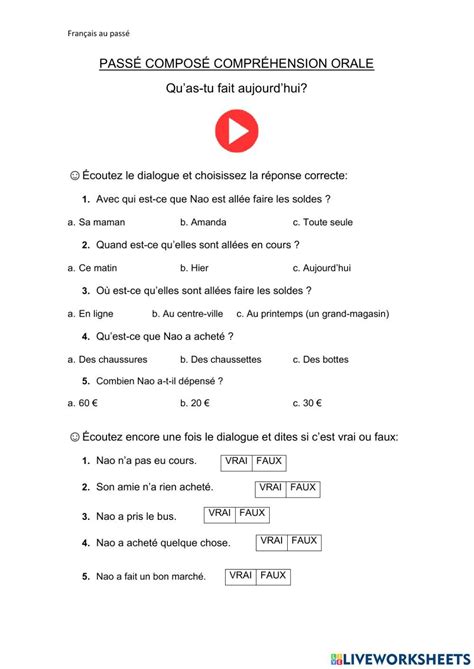 Passé composé online worksheet for a2 You can do the exercises online