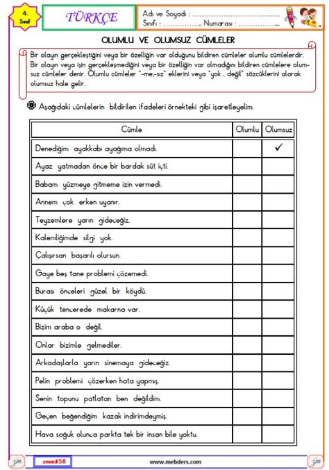 4 Sınıf Türkçe Olumlu ve Olumsuz Cümle Etkinliği 1 Meb Ders