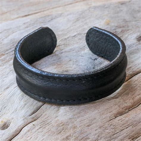 Handcrafted Black Leather Men's Cuff Bracelet from Thailand - Basic ...