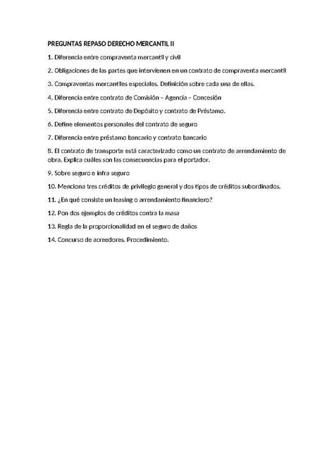 Preguntas De Repaso Mercantil PREGUNTAS REPASO DERECHO MERCANTIL II