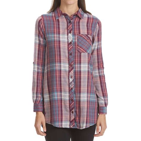 Maison Coupe Womens Roll Tab Plaid Tunic Top Bobs Stores