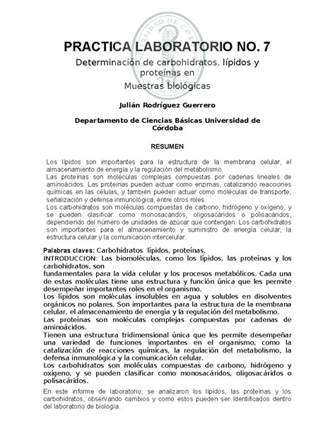 Informe De Biolog A Lab Practica Laboratorio No Determinaci N De