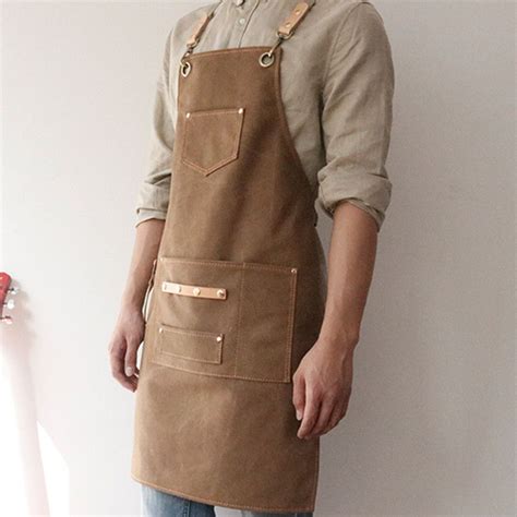 Unisex Gray Khaki Canvas Long Bib Apron With Convenient Pockets