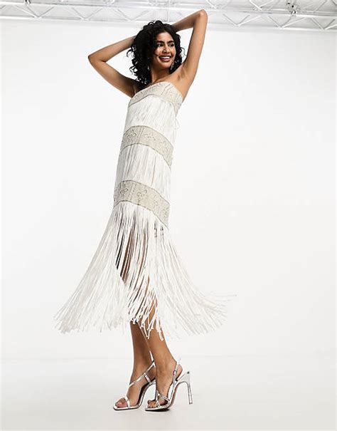 Asos Design Embellished Bandeau Fringed Midi Dress In Ivory Asos