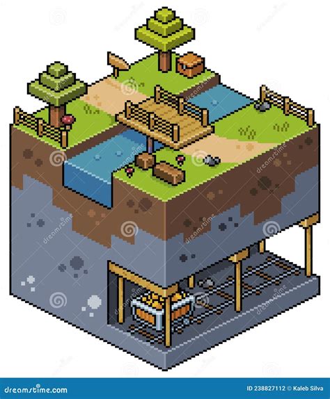 Pixel Art Isometric Landscape With Trees Bridge Lake Mine Mining