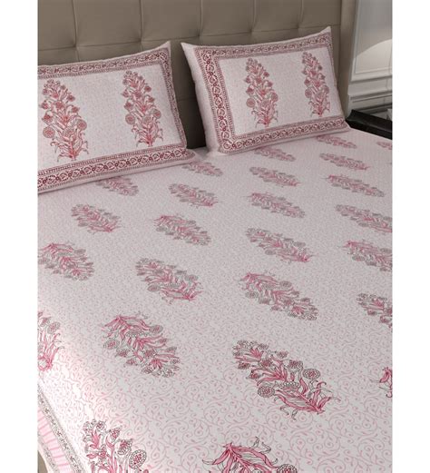 Buy Pink Traditional 600 Tc Cotton Double King Sized Bedsheet With 2