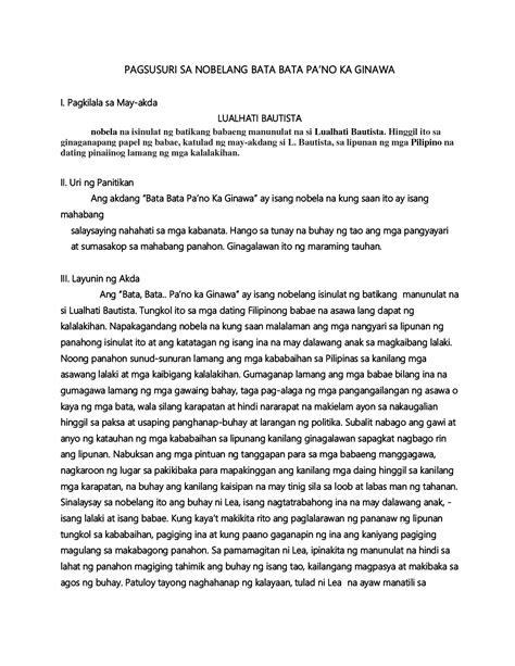 SOLUTION: Pagsusuri sa nobelang bata bata pa no ka ginawa - Studypool