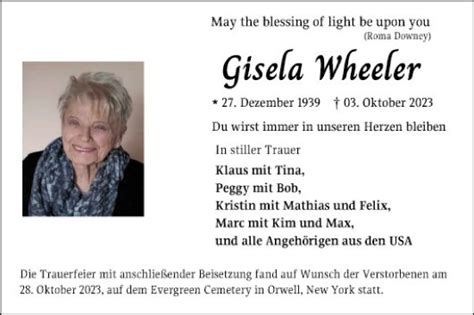 Traueranzeigen Von Gisela Wheeler Trauerportal Ihrer Tageszeitung