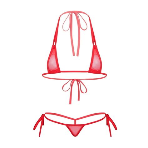 Zaldita Women S Lace Up Mesh G String Micro Thongs Bra Mini Bikini Set Sheer Swimwear Red