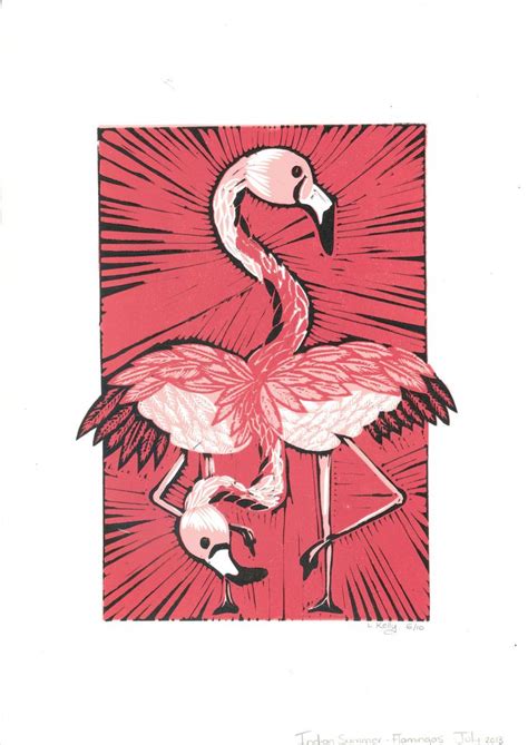 Indian Summer Flamingos Reduction Lino Print 10 Limited Editions Second Print In The Indian