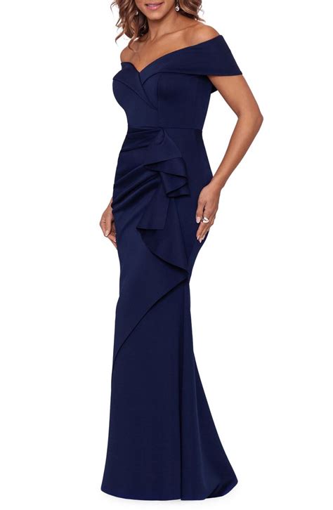 Xscape Off The Shoulder Ruffle Scuba Gown Nordstrom Long Gown