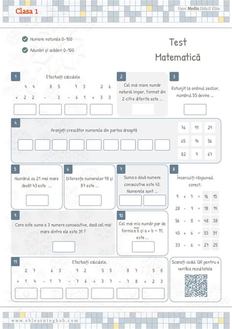 Clasa 1 Test Matematică Numere Naturale Adunări și Scăderi 0 100