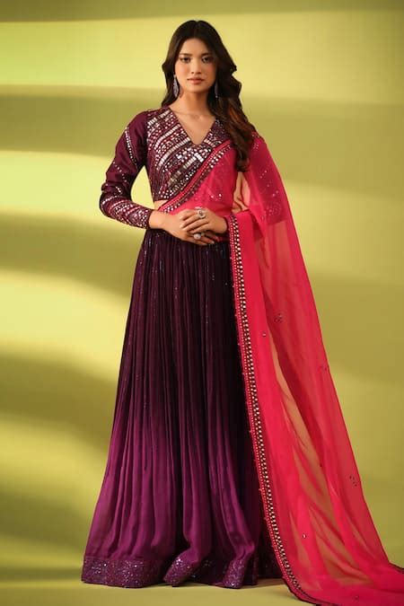 Buy Purple Blouse Chanderi Embroidery Mirror V Neck Pleated Lehenga Set