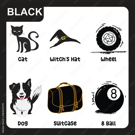 Set Of Black Color Objects Primary Colours Flashcard With Black