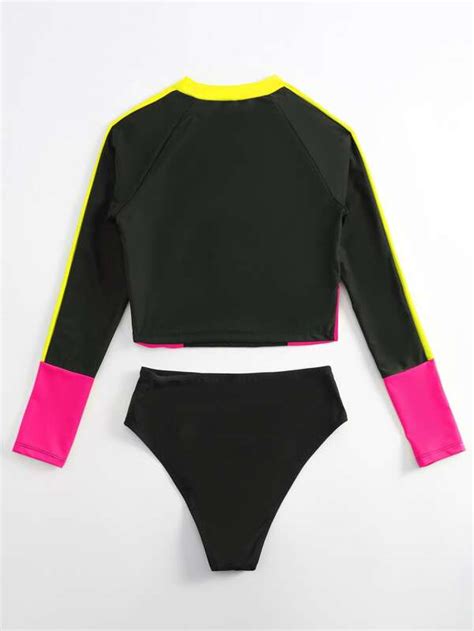 SHEIN Swim SERF Color Block Zip Front Bikini Swimsuit With Long Sleeve