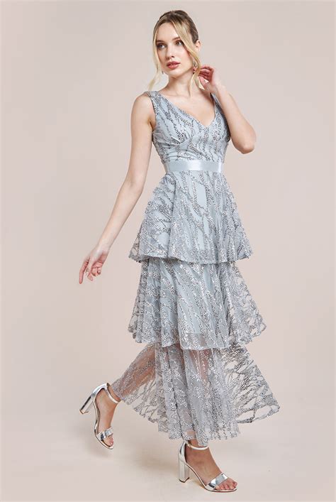 Embroidered Mesh Tiered Midi Dress Grey