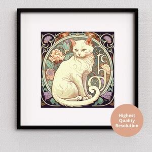 Divine White Cat With Rose And Sunbeam Art Nouveau Floral Etsy