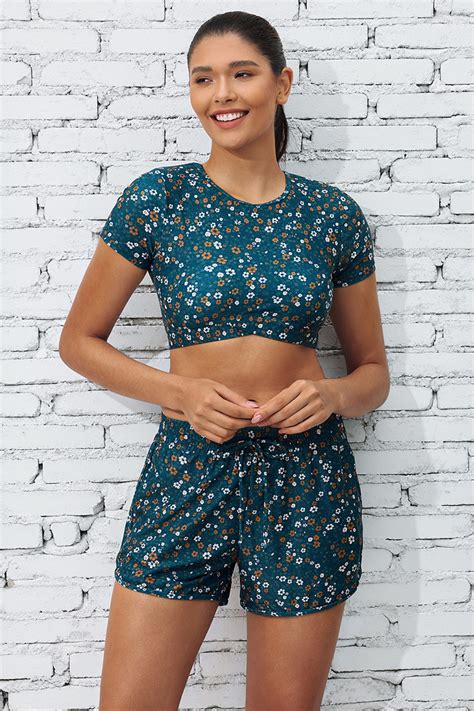 Blue Floral Bikini Top With Sleeve And High Waist Boy Shorts Set