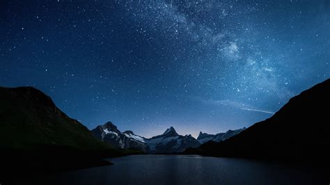 Night View Of Bachalpsee Lake In Swiss Alps Mountains Bernese Oberland