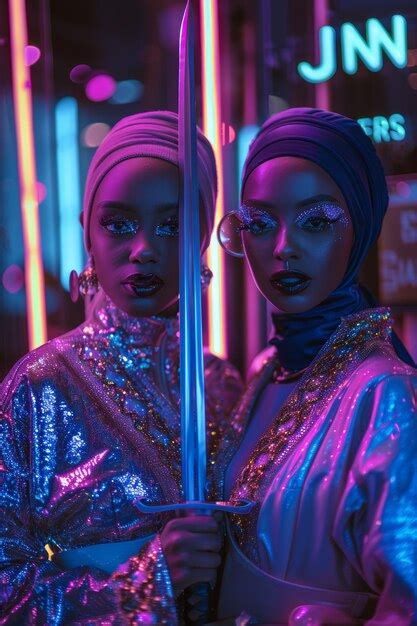 Futuristic Fashion Portrait Of Two Women In Neon Lights Holding A Sword